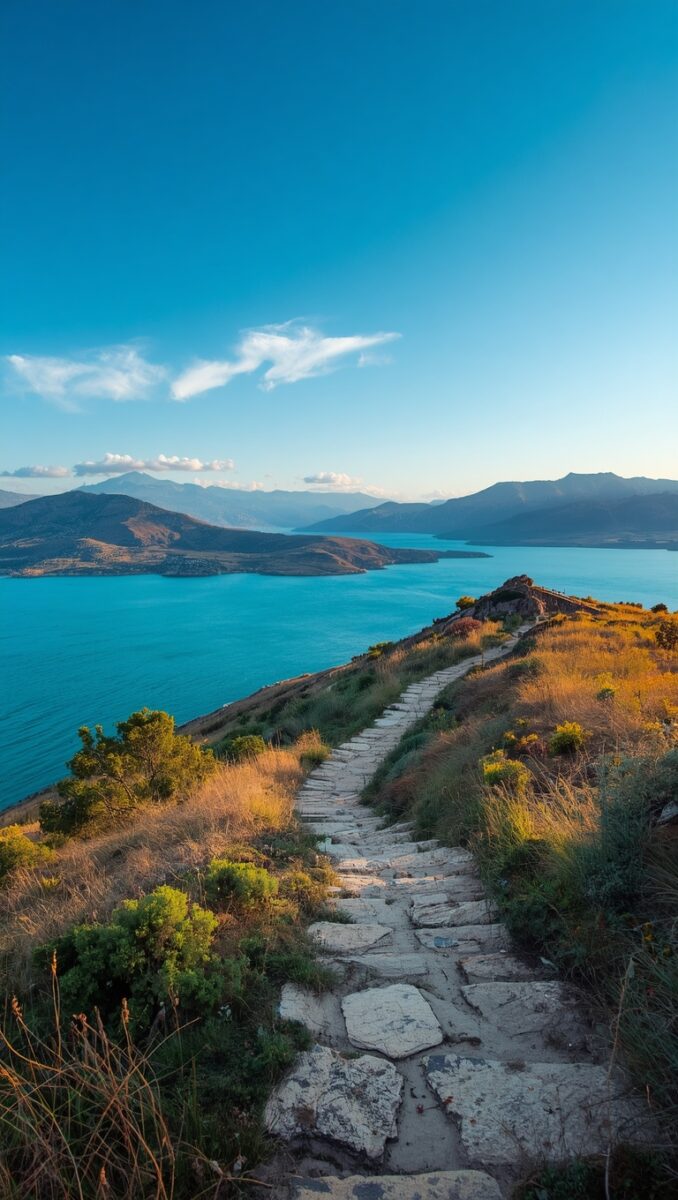 Stone pathway along a hilltop ridge overlooking a turquoise lake surrounded by mountains under a clear blue sky