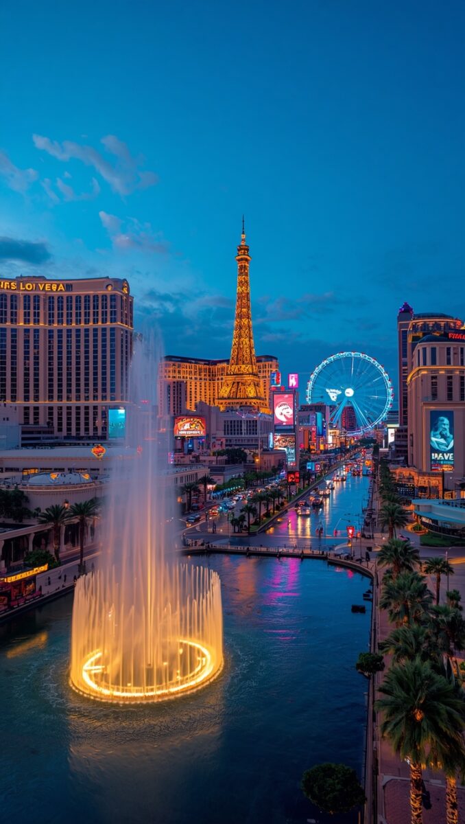 Las Vegas Strip at dusk with Bellagio fountains glowing gold, Paris Las Vegas Eiffel Tower, and High Roller wheel