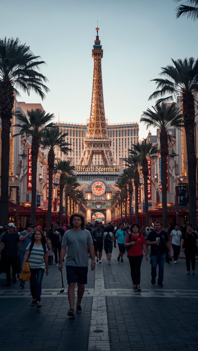 Crowds of tourists walking along the Las Vegas Strip toward Paris Las Vegas Hotel with replica Eiffel Tower at dusk