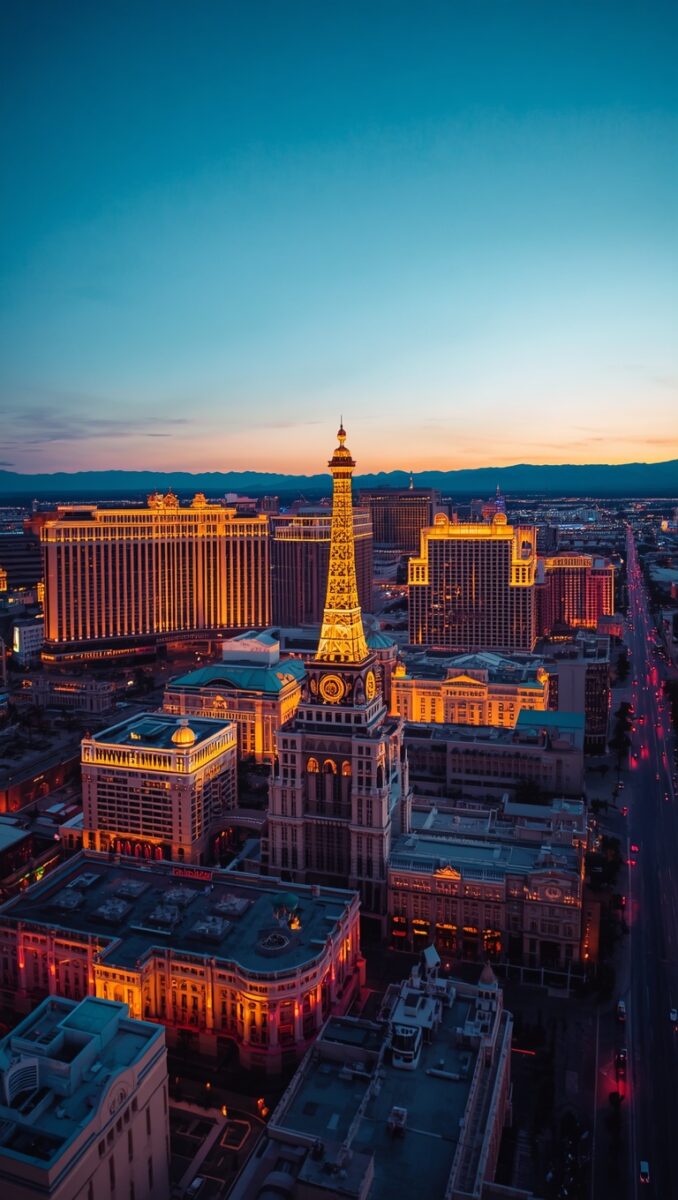 Aerial view of Las Vegas Strip at dusk featuring Paris Las Vegas Eiffel Tower replica glowing gold against a blue-orange sunset sky