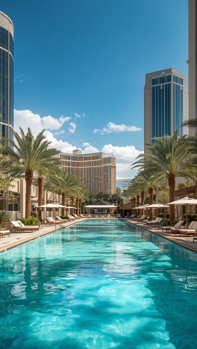 Luxury resort pool with turquoise water, palm trees, lounge chairs, and high-rise hotel towers under a blue sky