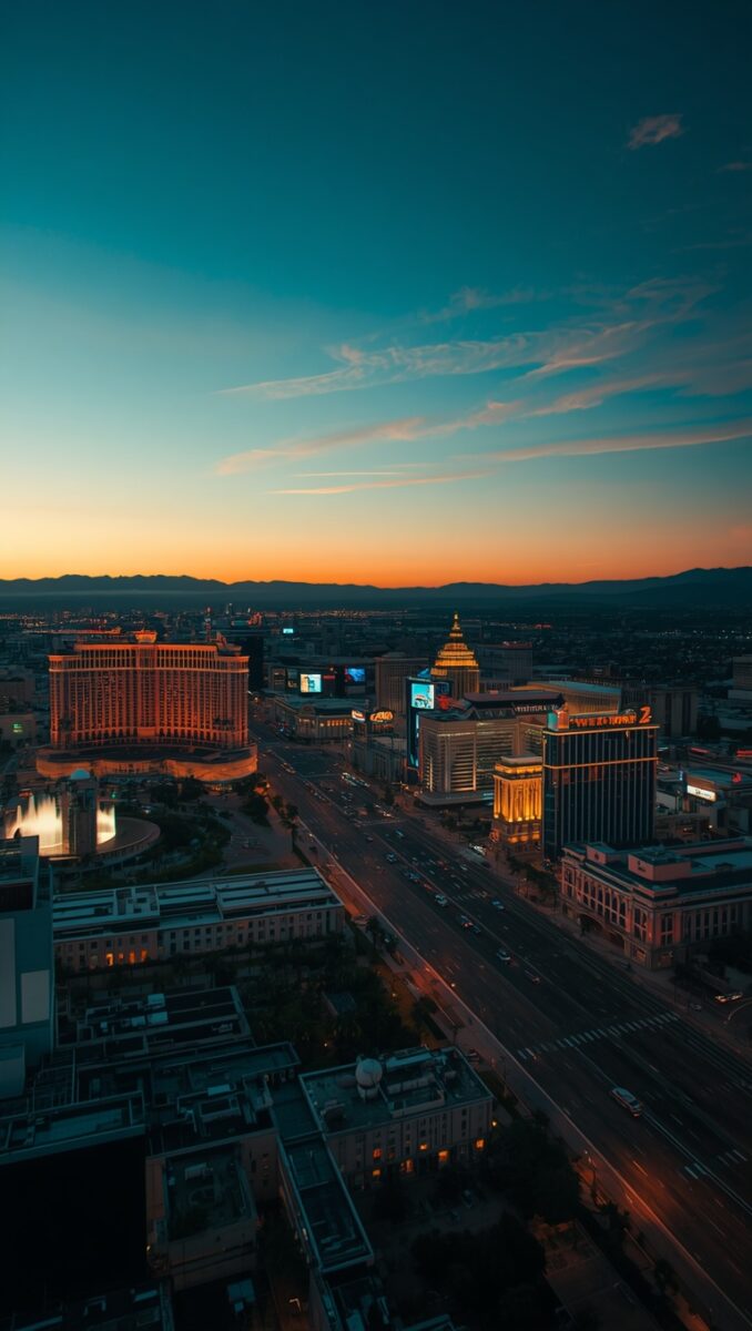 Aerial view of the Las Vegas Strip at dusk with Bellagio fountains and casino hotels glowing under a teal and orange sunset sky