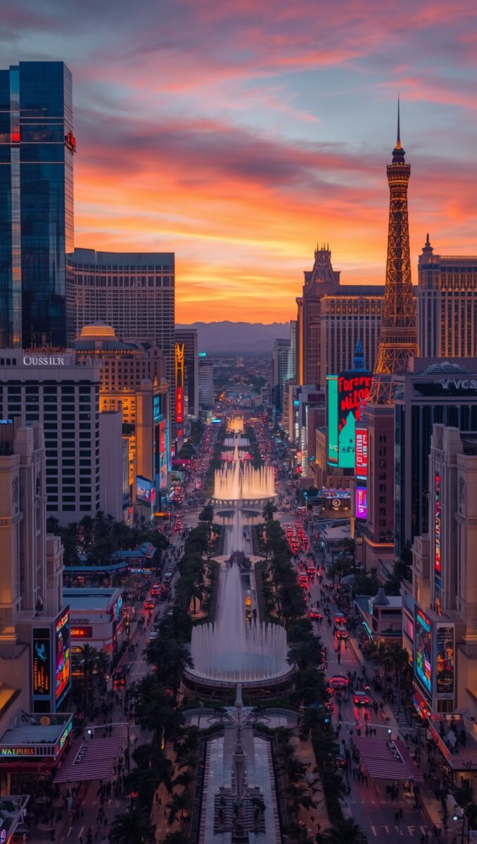 Aerial view of the Las Vegas Strip at sunset with Bellagio fountains, Paris Las Vegas Eiffel Tower, and neon lights