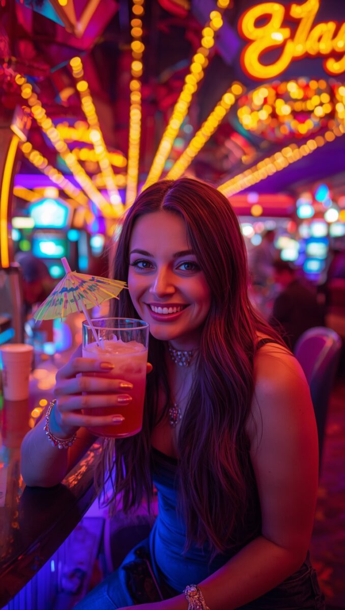 Smiling woman holding a tropical cocktail with umbrella garnish inside a vibrant neon-lit casino