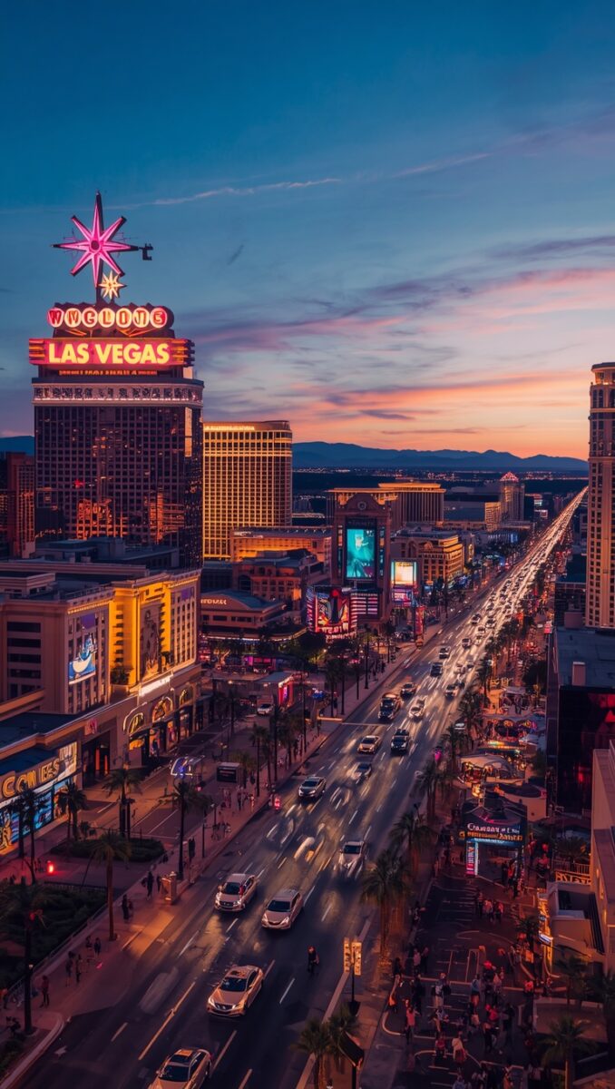 Las Vegas Strip at dusk with neon Welcome to Las Vegas sign, glowing casino hotels, and busy traffic