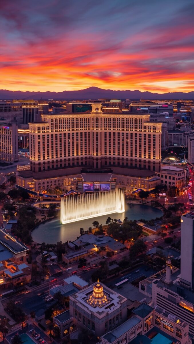 Aerial view of Bellagio Hotel and Casino Las Vegas with fountains performing at sunset