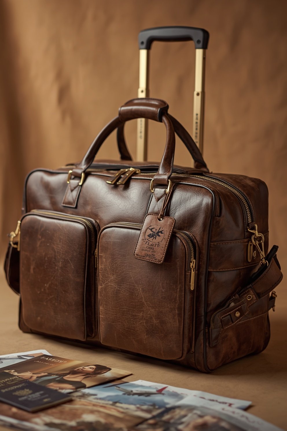 Vintage brown leather rolling travel bag with gold hardware, luggage tag, and extended telescoping handle