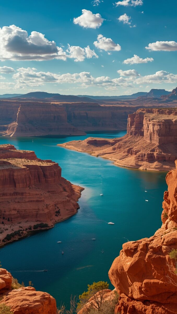 Aerial view of Lake Powell with turquoise water winding between towering red sandstone canyon walls under a blue sky