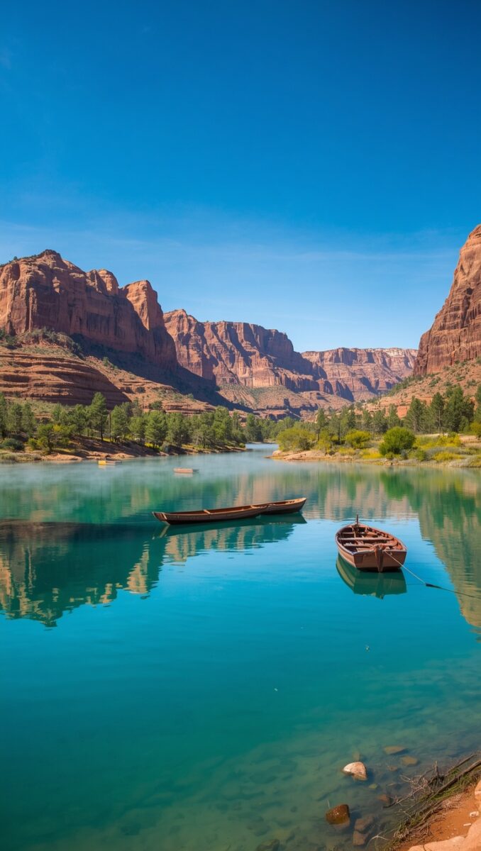 Two wooden boats on turquoise lake surrounded by red sandstone canyon cliffs and green trees under blue sky