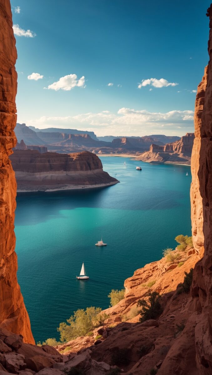 Turquoise waters of Lake Powell framed by red sandstone canyon walls with sailboats on a sunny day