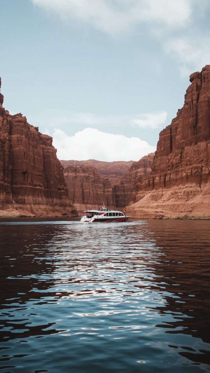White and red tour boat navigating calm water between towering red sandstone canyon walls under partly cloudy sky