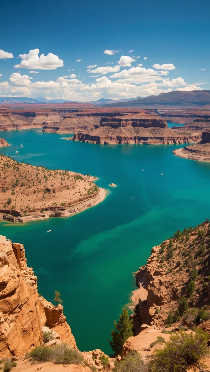 Aerial view of Lake Powell's turquoise waters winding through red sandstone canyon walls under a blue sky