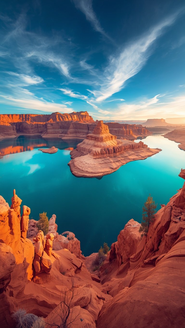 Turquoise lake surrounded by red sandstone canyon cliffs under a vivid blue sky with wispy clouds