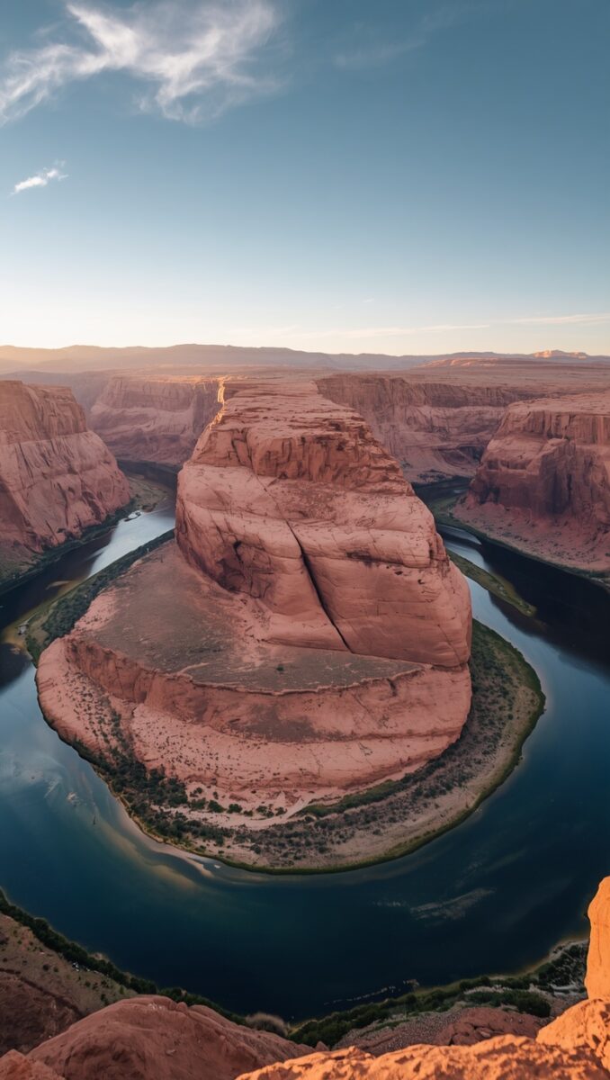 Aerial view of Horseshoe Bend with Colorado River curving around red sandstone mesa near Page, Arizona