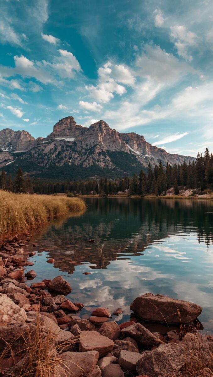 Calm mountain lake with rocky shoreline, golden grasses, pine forest, and dramatic peaks under a blue sky