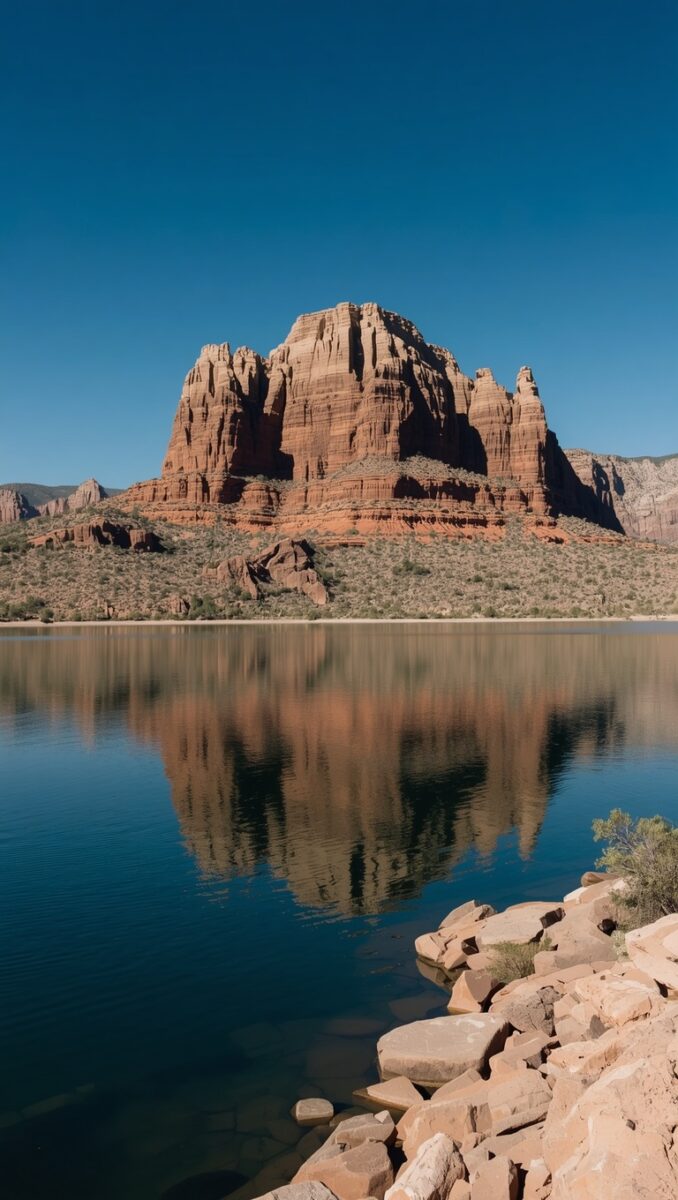 Red rock butte formations reflected in calm blue lake with desert scrub and rocky shoreline under clear blue sky