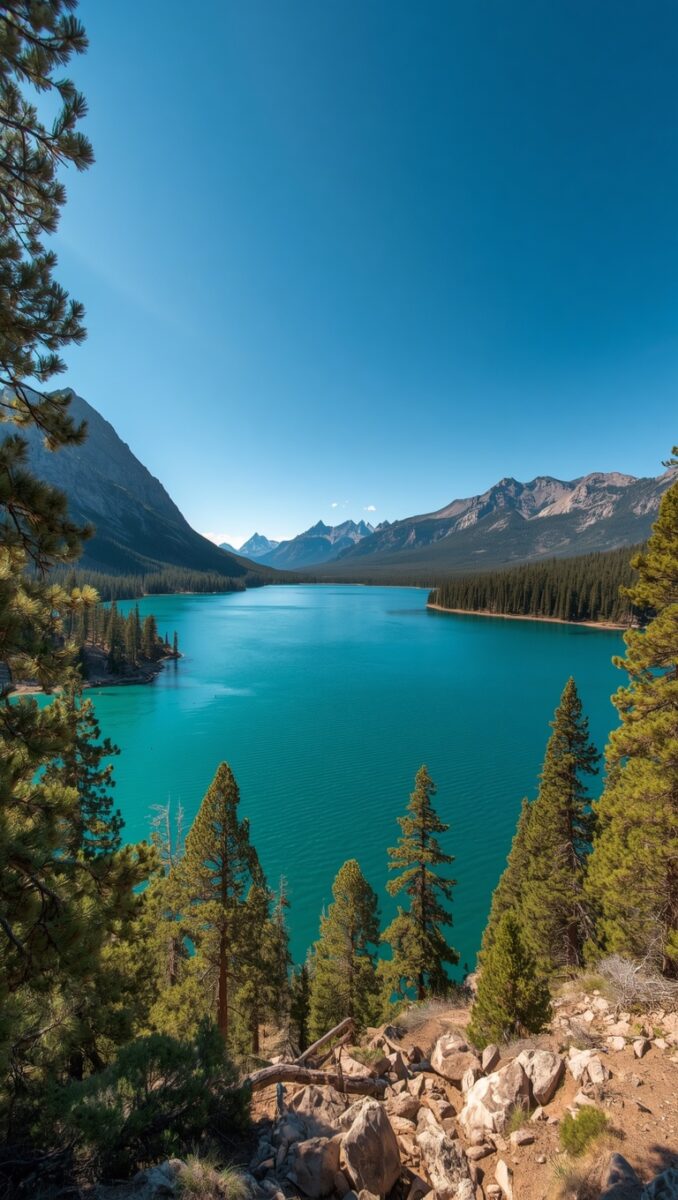 Turquoise mountain lake surrounded by evergreen forest and rocky peaks under a clear blue sky