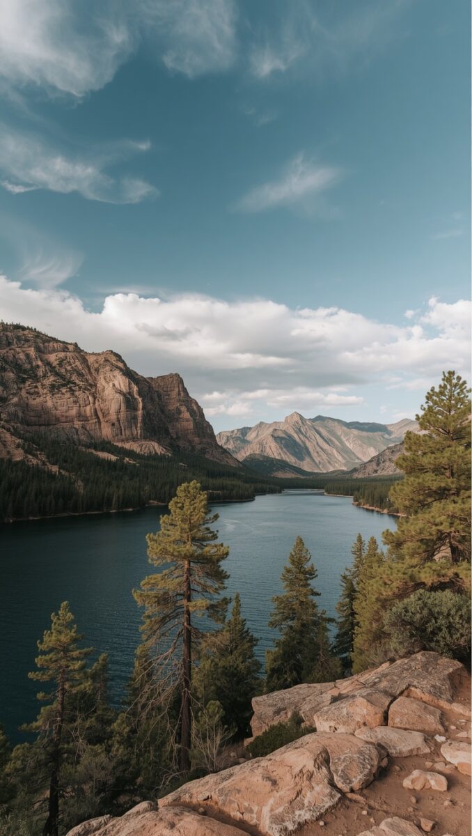 Scenic mountain lake surrounded by pine trees and rocky cliffs under a partly cloudy blue sky