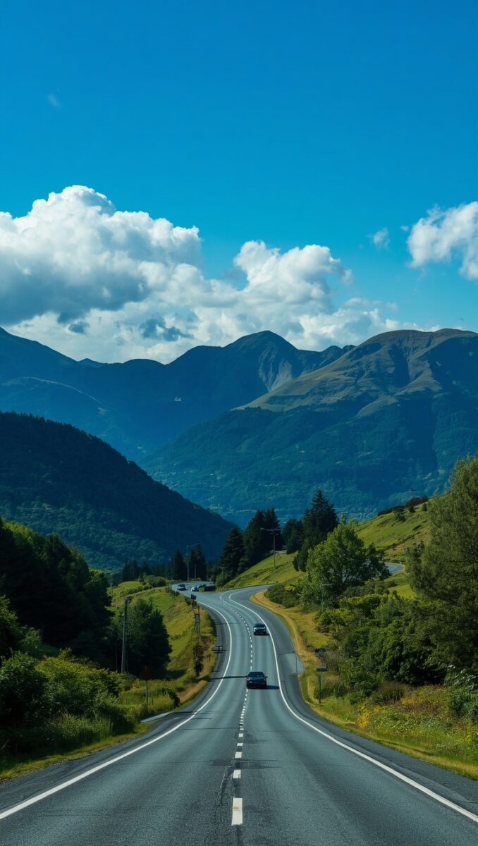 Two-lane mountain road winding through green valleys with forested hills and majestic blue mountains under a bright sky