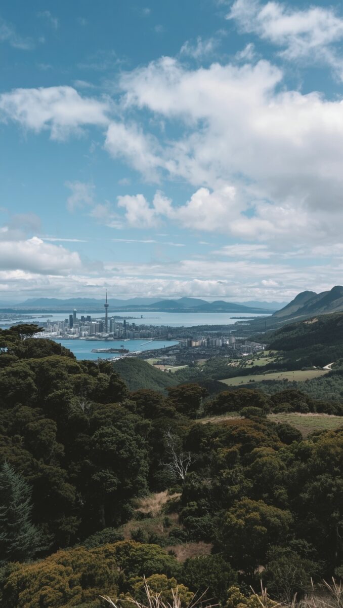 Panoramic aerial view of Auckland city skyline with Sky Tower, Waitemata Harbour, and lush green hills in foreground, New Zealand