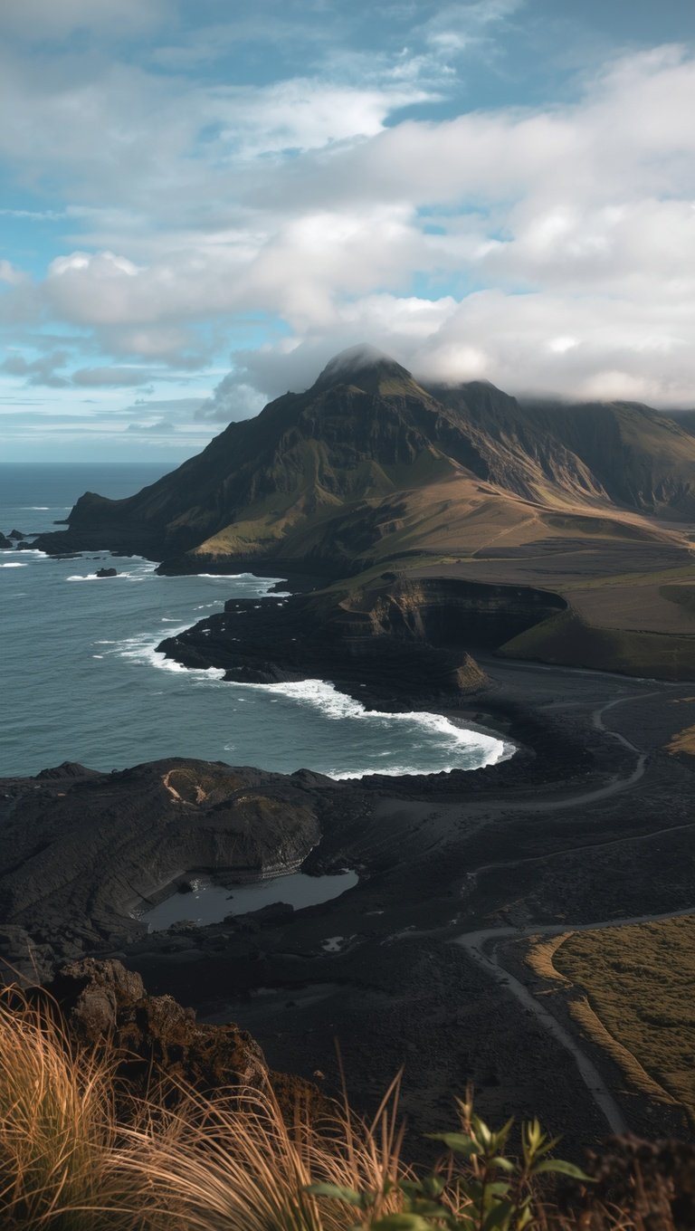 Aerial view of dramatic volcanic coastline with black lava rocks, crashing waves, and a mist-covered mountain peak