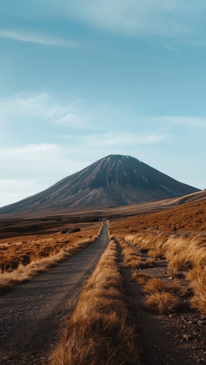 Narrow gravel road leading straight toward a large conical volcanic mountain across dry golden grasslands under blue sky