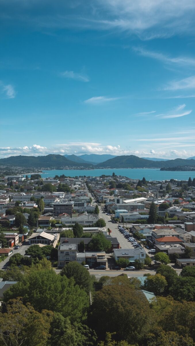 Aerial panoramic view of a New Zealand coastal city with tree-lined streets, mixed urban buildings, blue bay, and green mountains