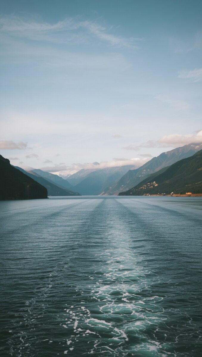 Boat wake trailing across a calm fjord surrounded by steep green mountains and snow-capped peaks under a blue sky