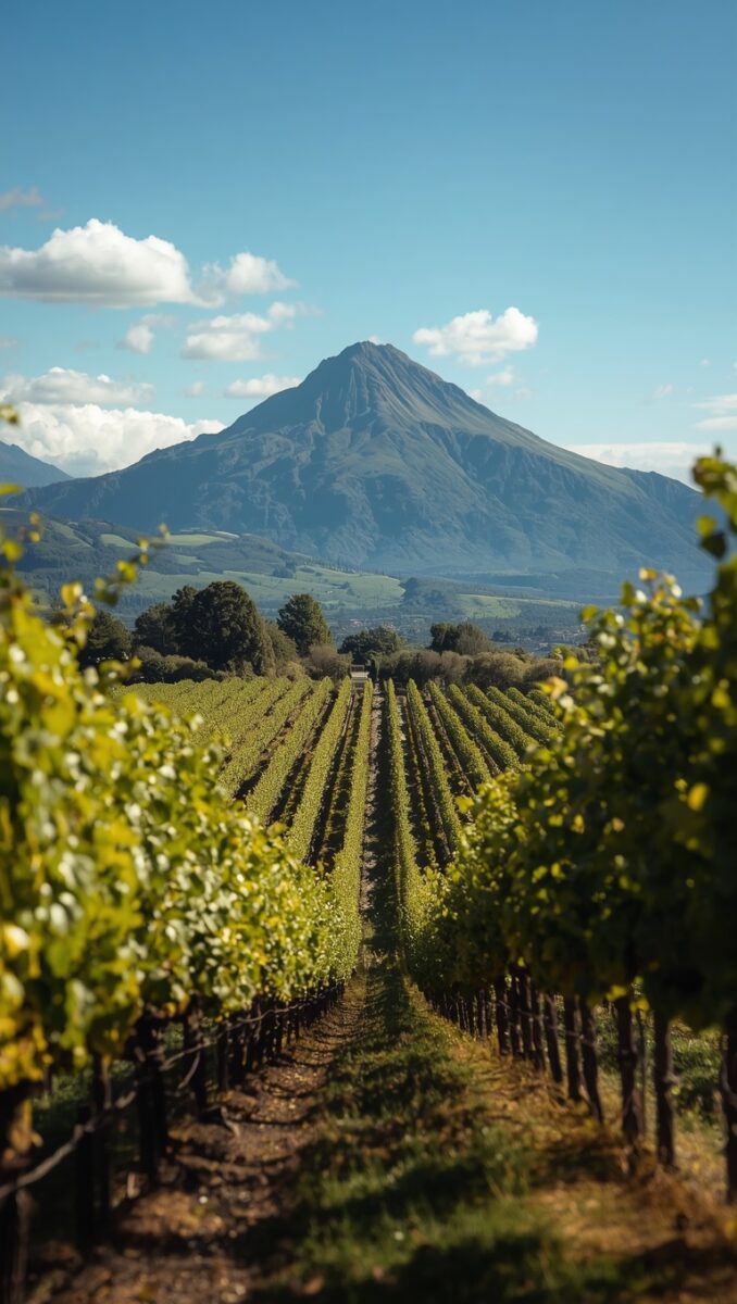 Rows of grapevines in a lush vineyard with a dramatic conical mountain peak in the background under blue skies