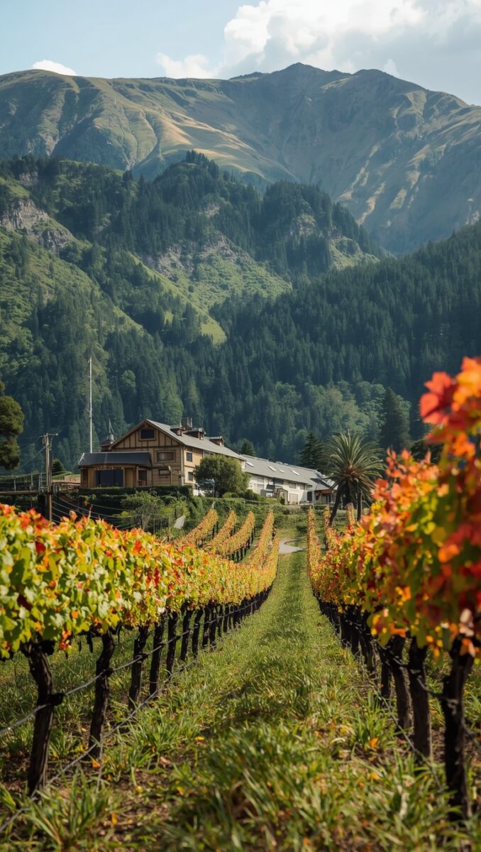 Autumn vineyard rows with orange and red leaves leading to a mountain winery estate with dramatic green alpine peaks