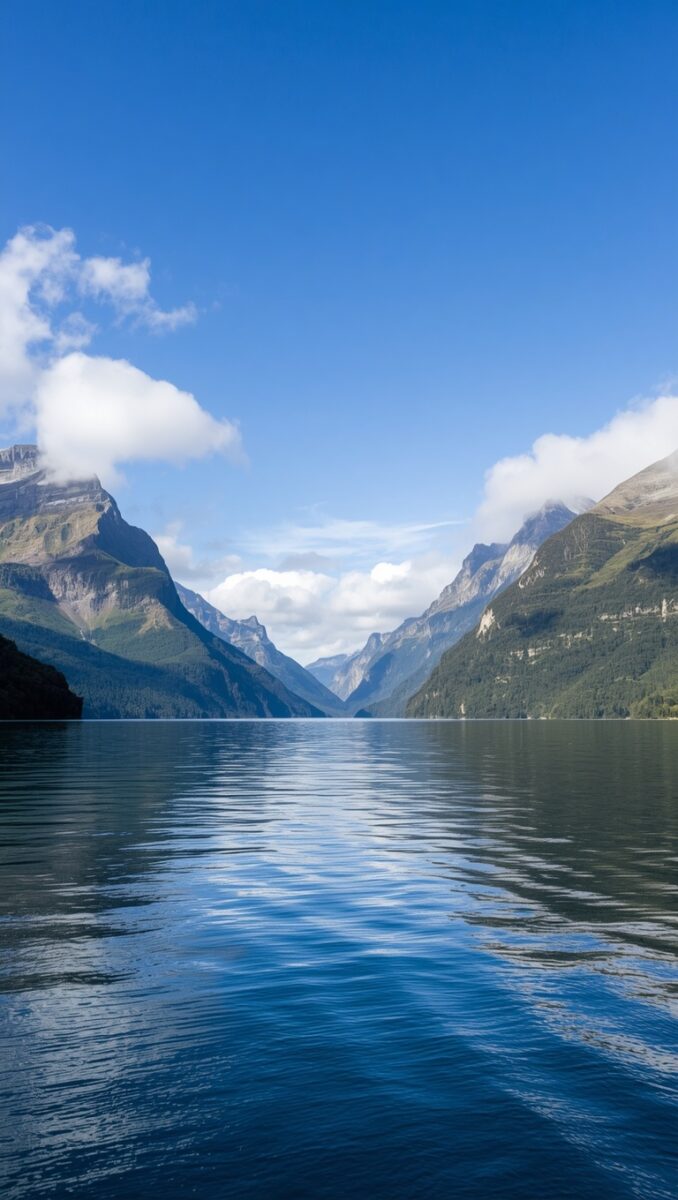 Calm alpine lake reflecting blue sky surrounded by forested mountains under scattered clouds