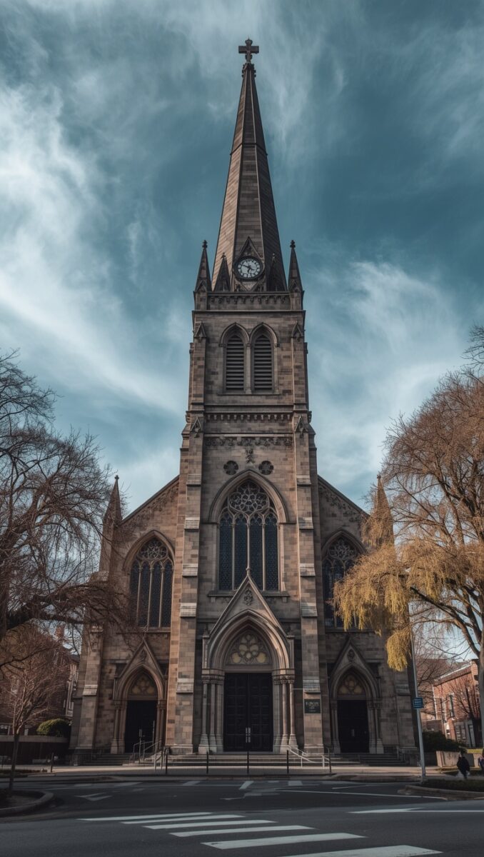 Gothic stone church with tall pointed spire and clock tower under dramatic cloudy sky, flanked by bare trees