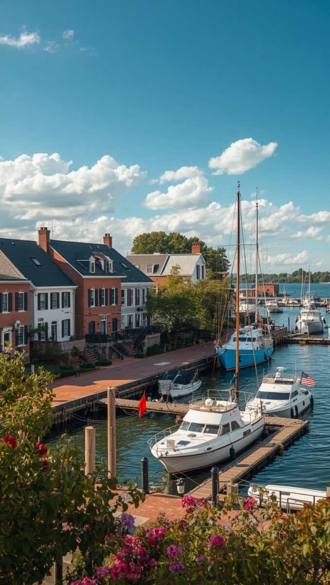 Historic waterfront harbor with sailboats and yachts docked at marina, colonial brick buildings, blue sky, and flowering plants