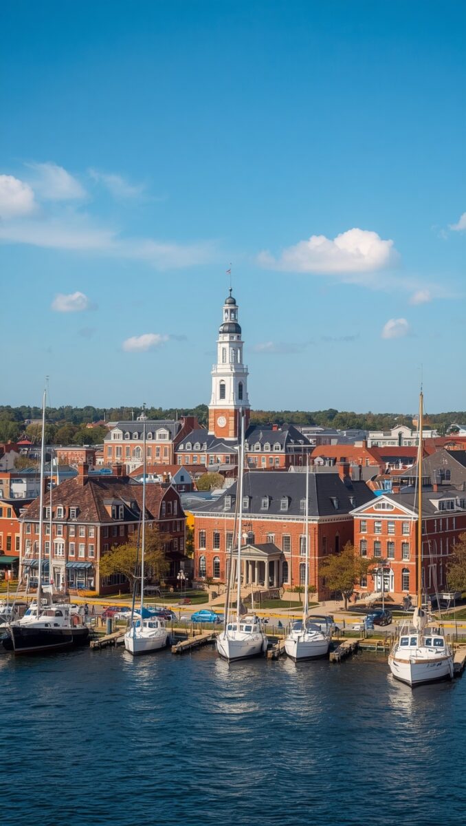 Historic waterfront harbor with sailboats docked at marina and colonial red brick buildings with white church steeple