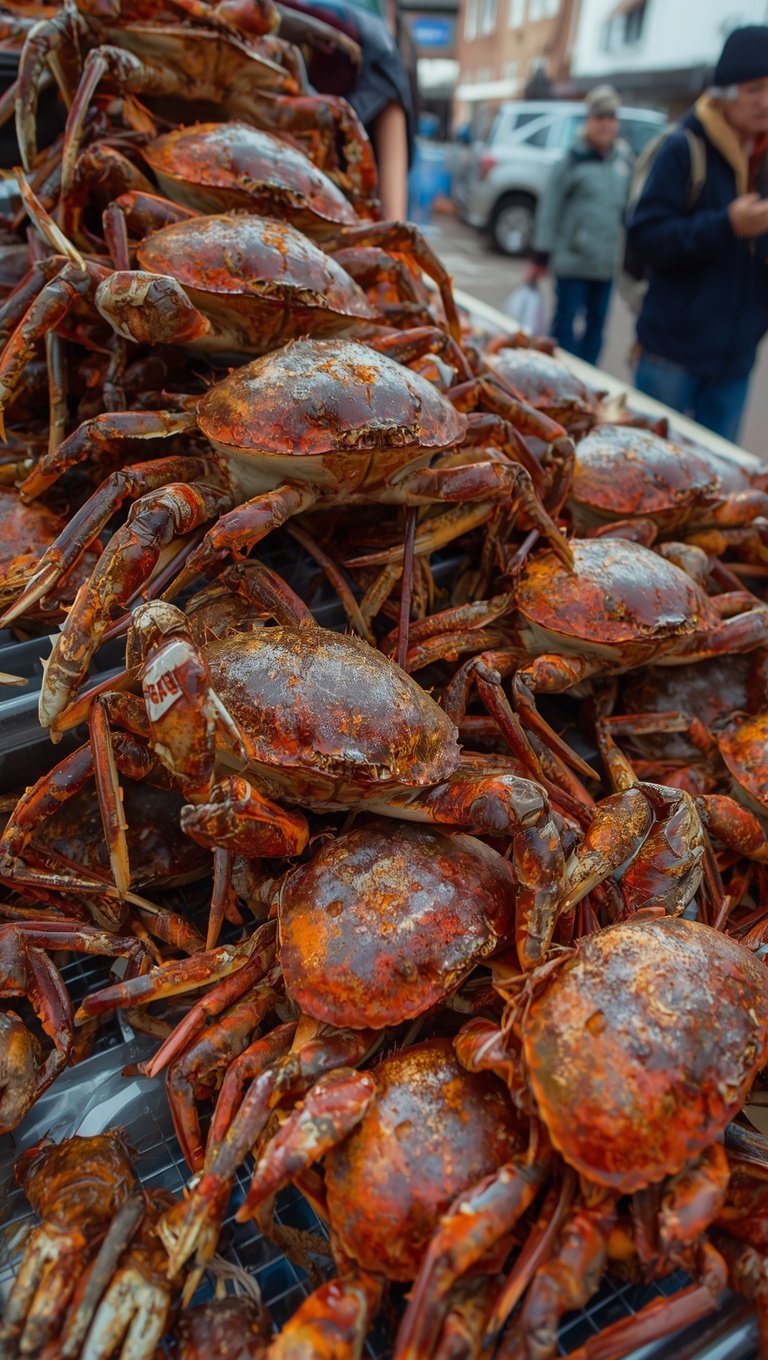 Large pile of cooked red-brown crabs stacked on a display tray at an outdoor seafood market