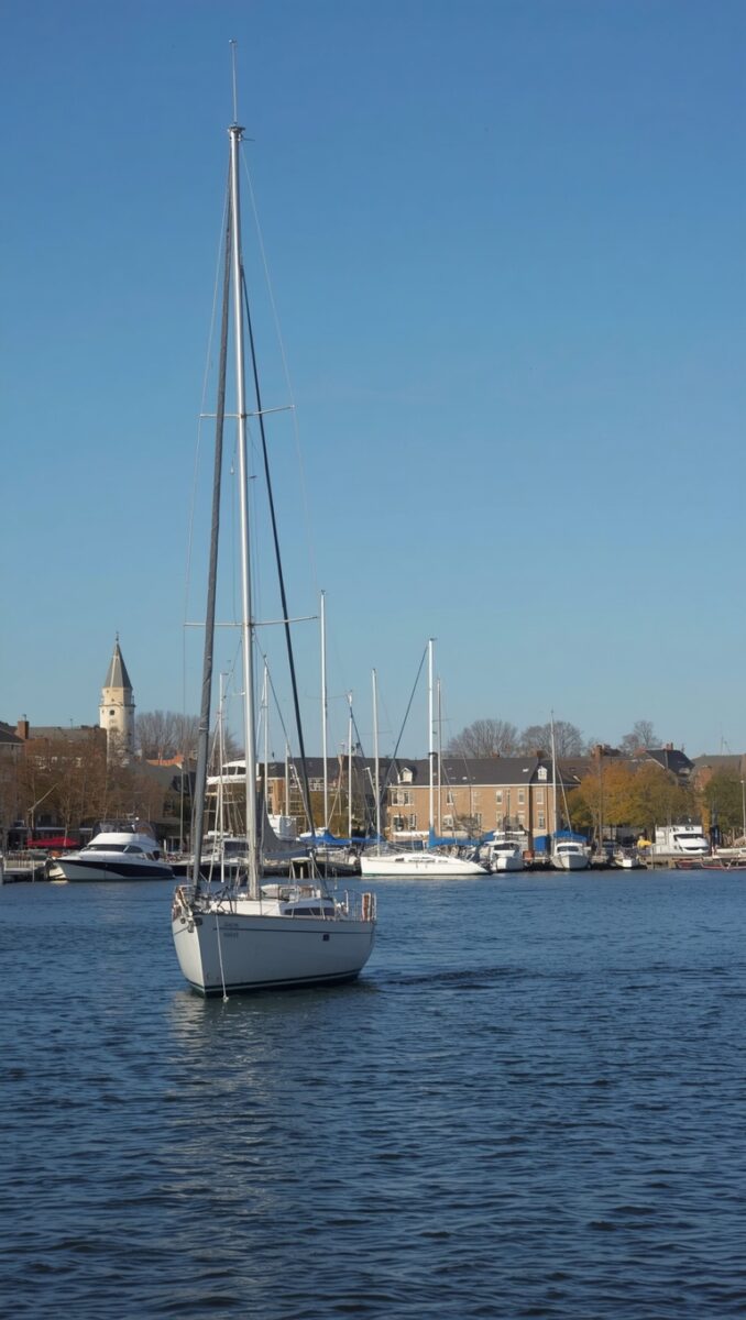 White sailboat with tall mast anchored in calm harbor waters with historic town buildings and church steeple in background