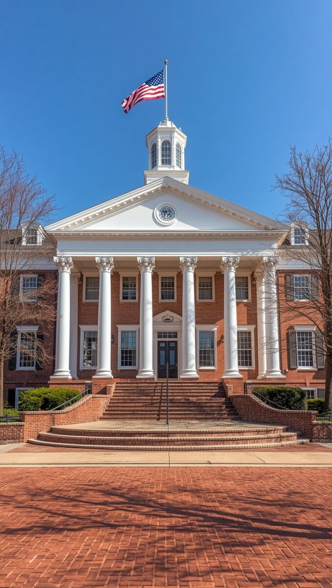 Neoclassical red brick building with white Corinthian columns, cupola, clock, and American flag under blue sky