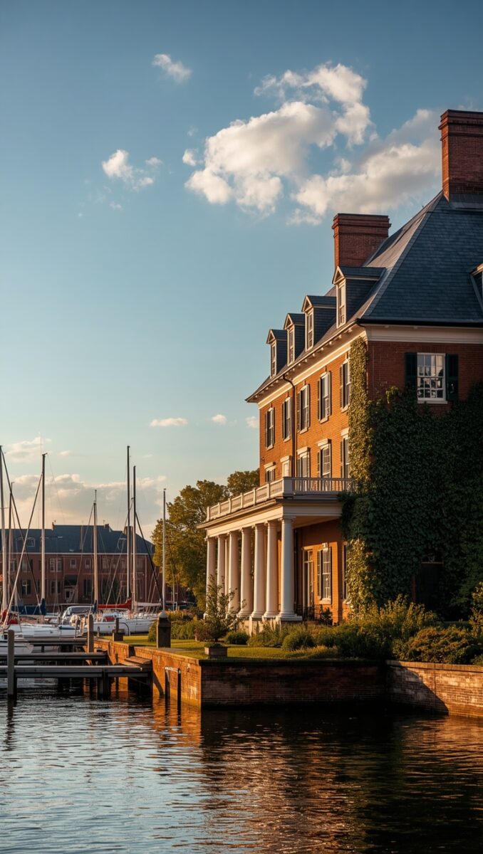 Georgian brick mansion with white columns along a waterfront marina with sailboats at golden hour