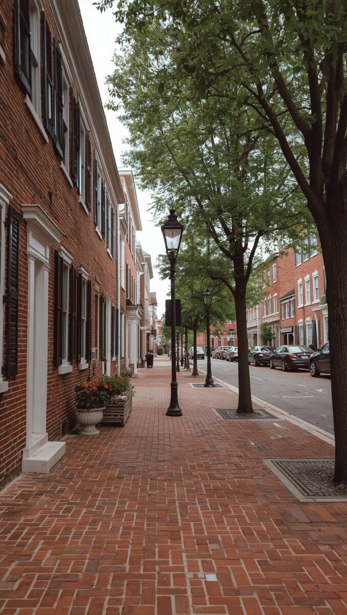 Historic brick sidewalk lined with classic lamp posts and red brick buildings in a charming small town downtown district