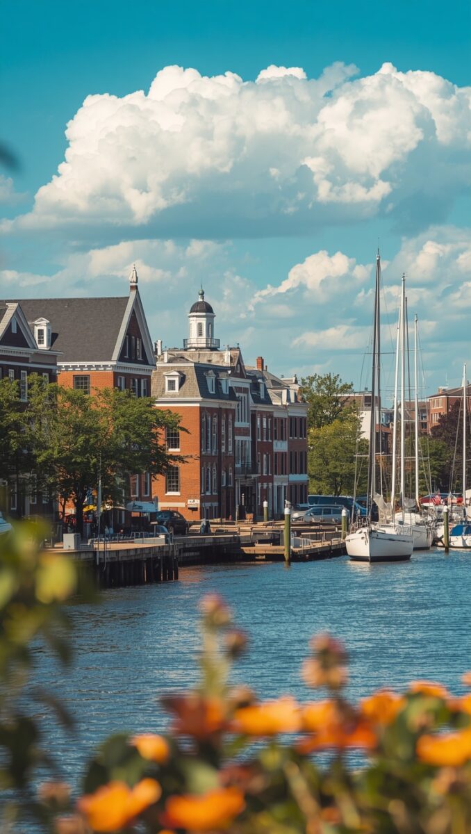 Historic brick waterfront buildings with sailboats docked at marina, blue sky with clouds and orange flowers in foreground