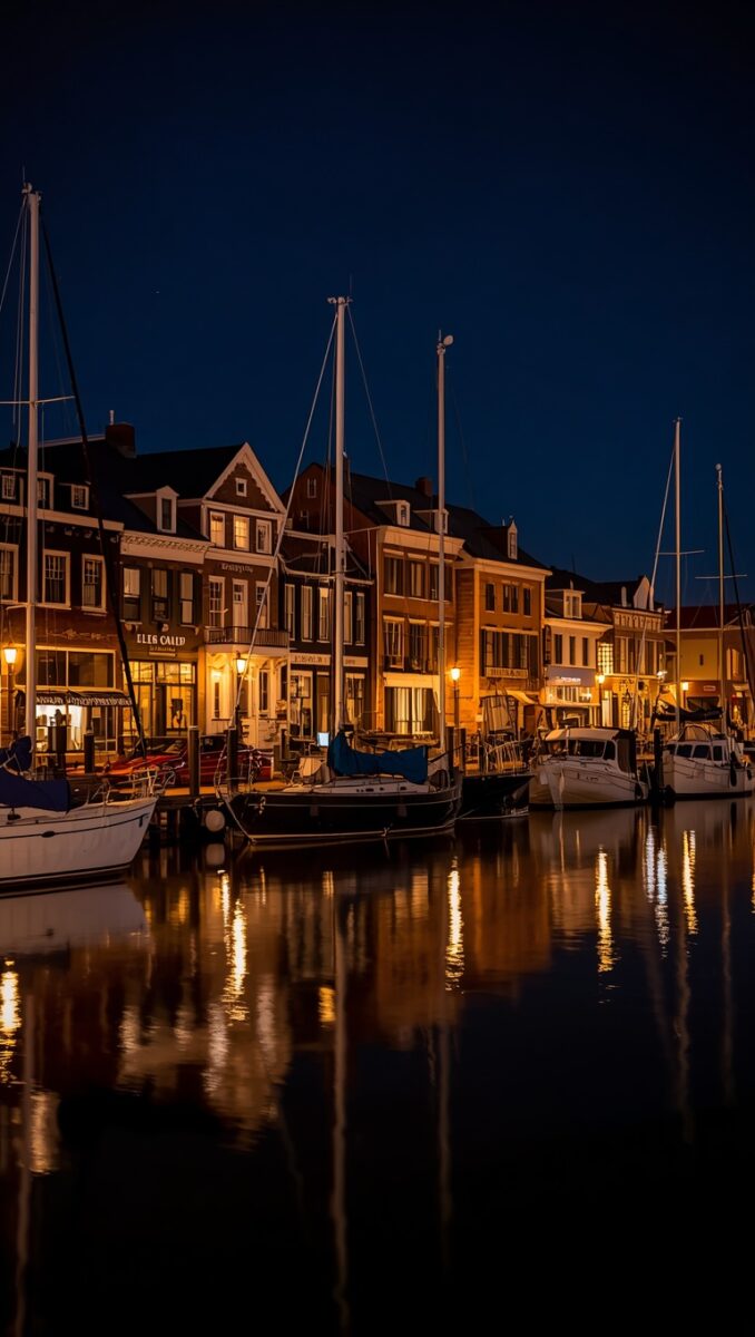Calm harbor at night with sailboats docked along a waterfront lined with illuminated colonial-style buildings