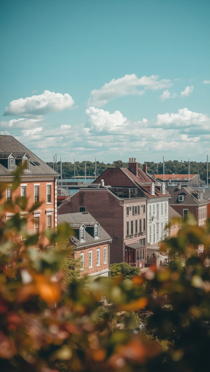 Aerial view of historic brick buildings and rooftops in a charming waterfront town under a blue sky
