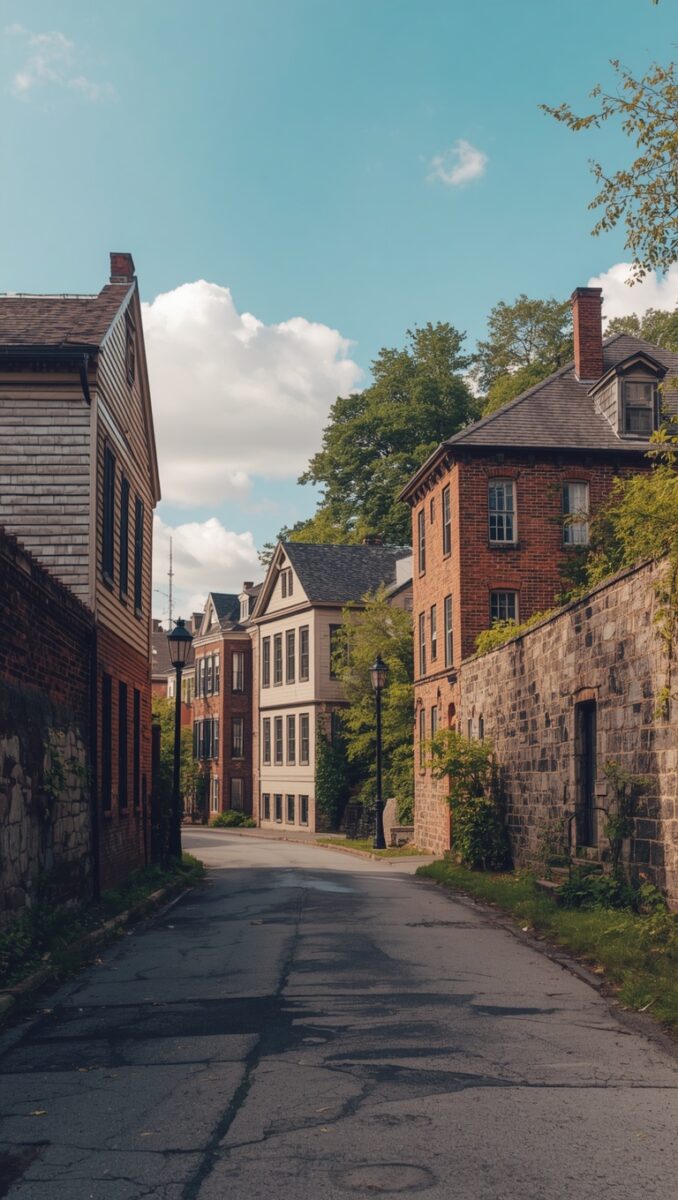 Quiet historic New England street lined with brick buildings, stone walls, and lamp posts under a blue sky