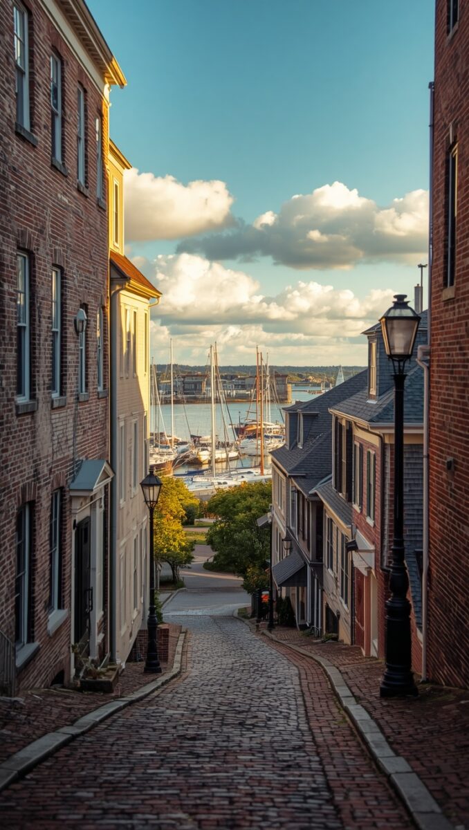 Cobblestone street flanked by historic brick buildings leading to a harbor with sailboats under a partly cloudy sky