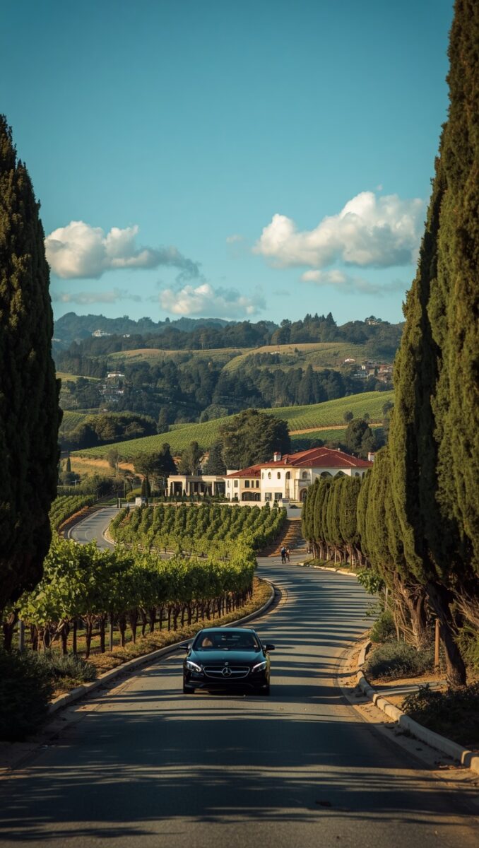 Black Mercedes-Benz driving up a cypress-lined road toward an Italian-style villa surrounded by vineyards