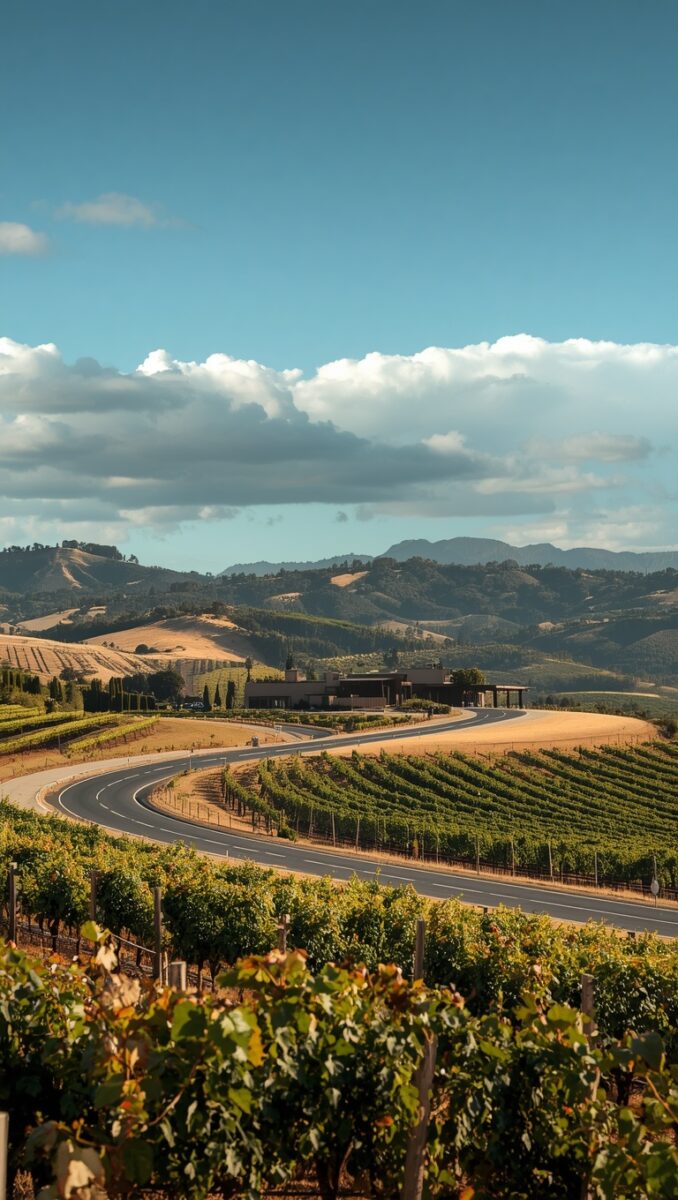 Aerial view of lush vineyard rows flanking a winding road leading to a modern winery building with rolling hills