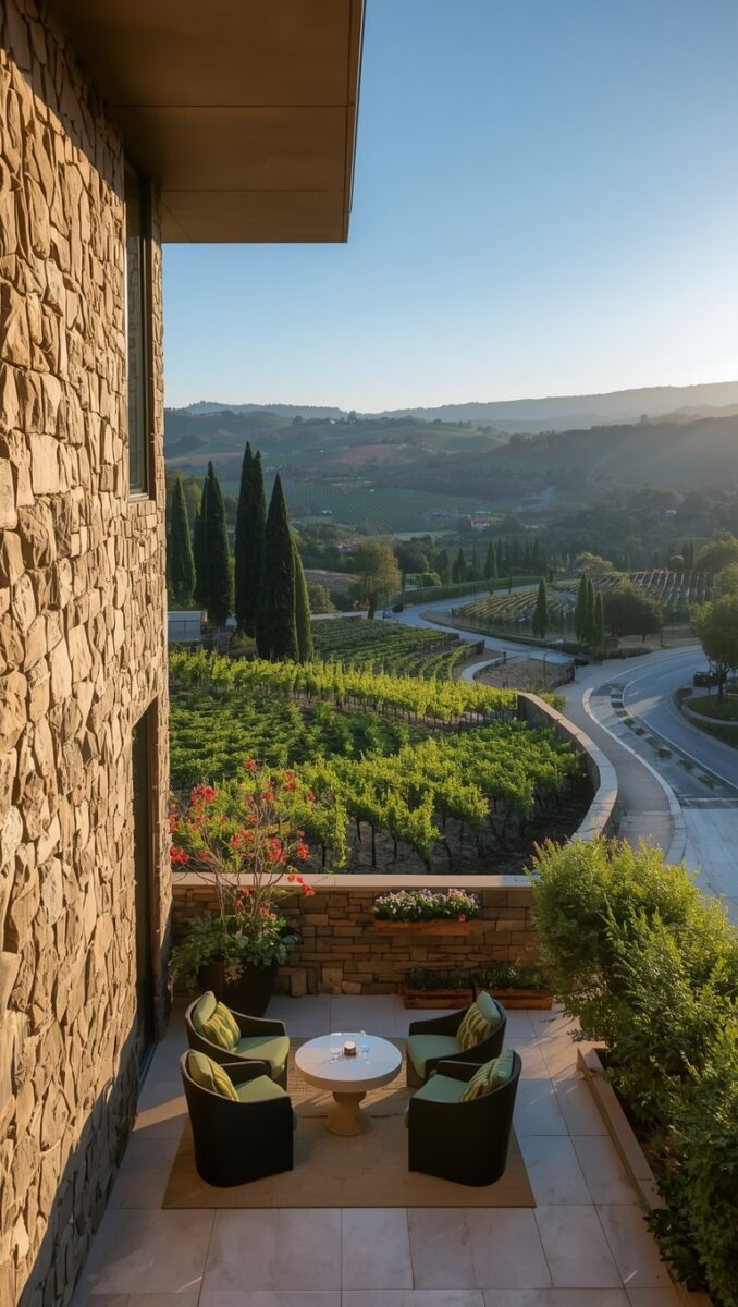 Luxury stone terrace with wicker chairs overlooking lush vineyard rows, cypress trees, and rolling hills at golden hour