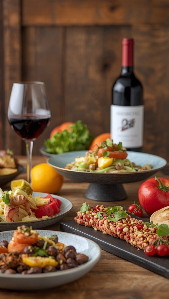 Rustic table spread with colorful dishes, fresh fruits, grain salad, shrimp, and a glass of red wine beside a bottle