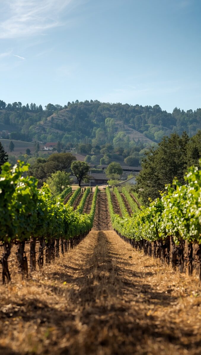Rows of green grapevines stretching toward a tree-covered hillside under a clear blue sky