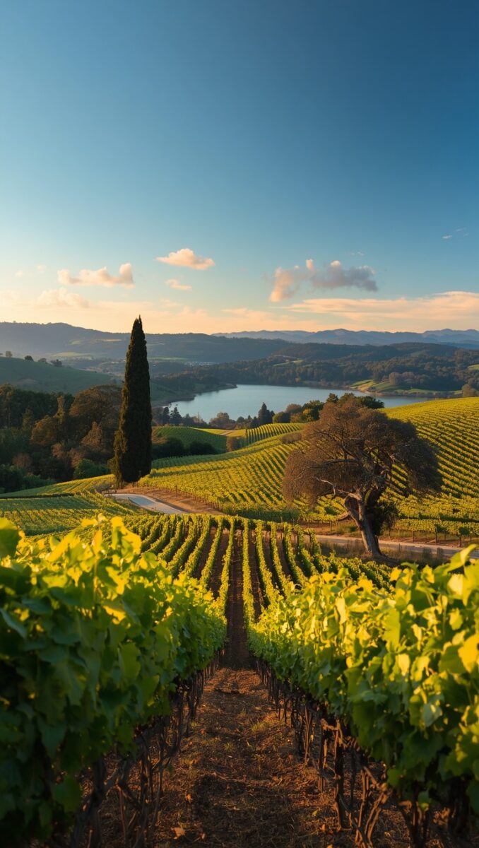 Rolling vineyard rows with cypress tree, lake, and mountain backdrop under golden afternoon sky